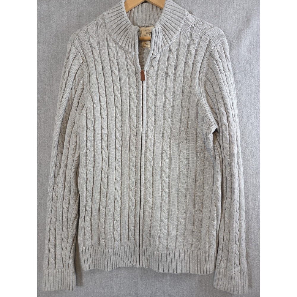 Hope & Henry Mens L Cardigan Organic Cotton Chunky Knit Gray Fisherman Full Zip